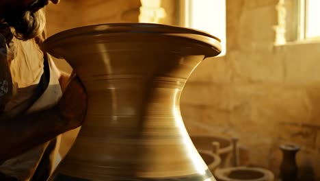 a potter makes a pot on a spinning wheel