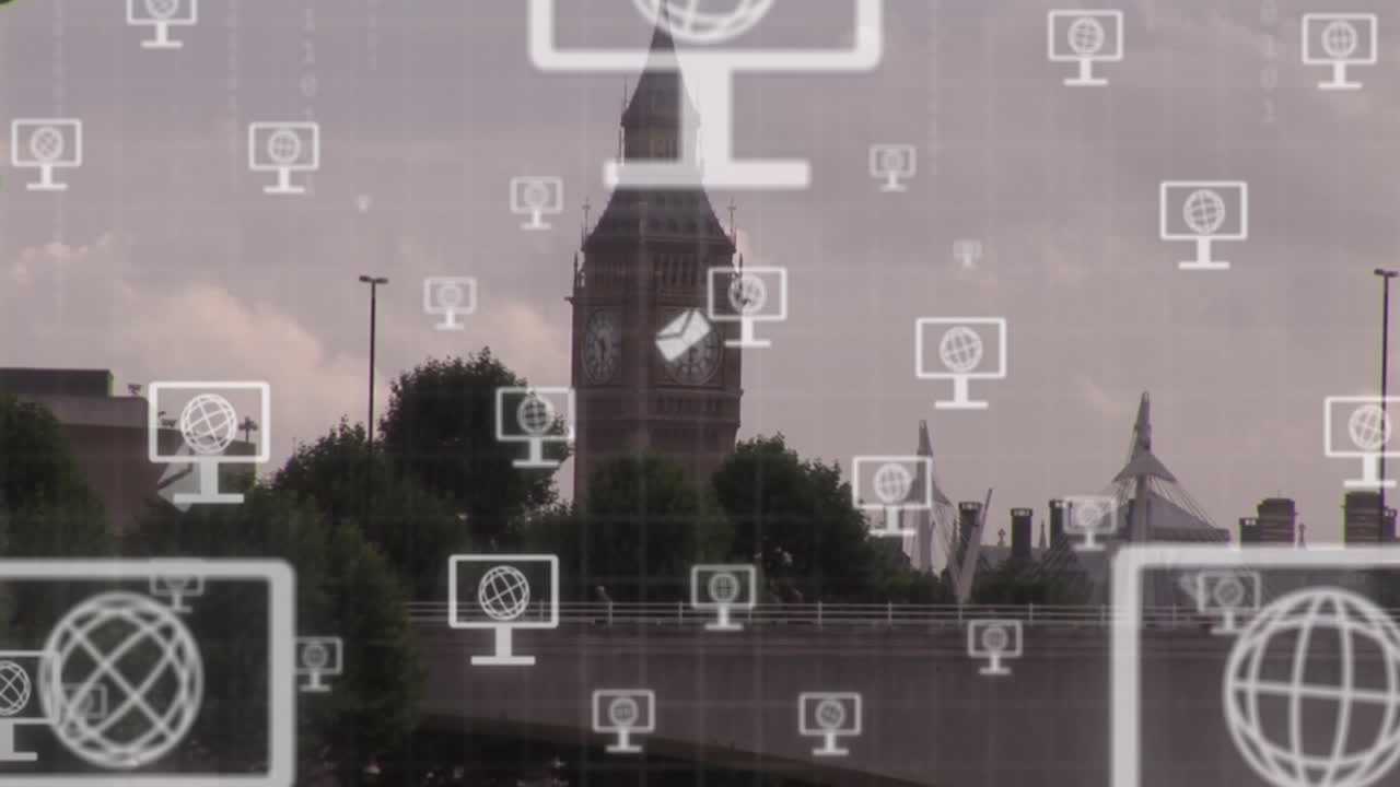 animación de una red de iconos de pantalla con globos sobre el paisaje urbano.