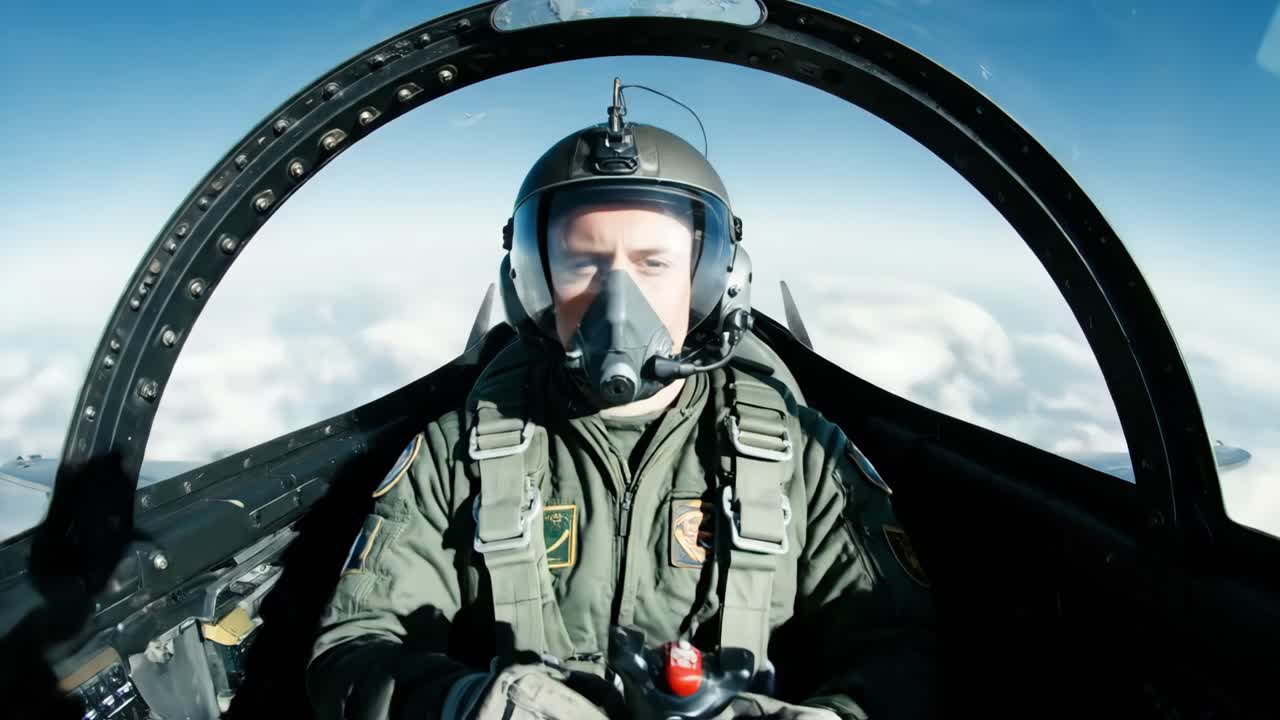 Fighter pilot donning a helmet and oxygen mask, skillfully maneuvering a cutting edge military jet through the vast blue sky