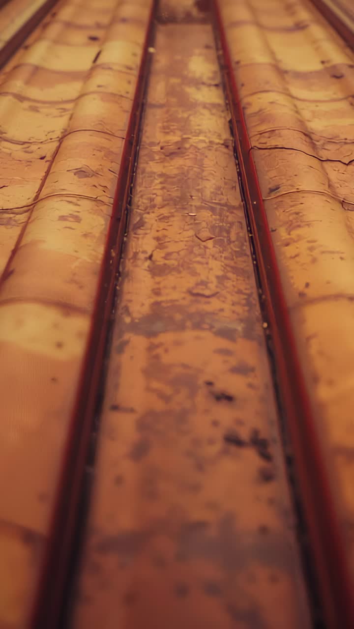 Vertical video: Panning camera up from closeup revealing roof gutter on tiles with rust and opening