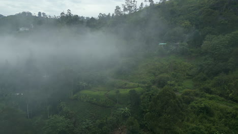 establishing aerial drone shot through the mist of ella hills near 9 arches bridge