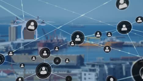 animación de la red de conexiones con iconos sobre la caja de transporte de drones y el puerto en el fondo