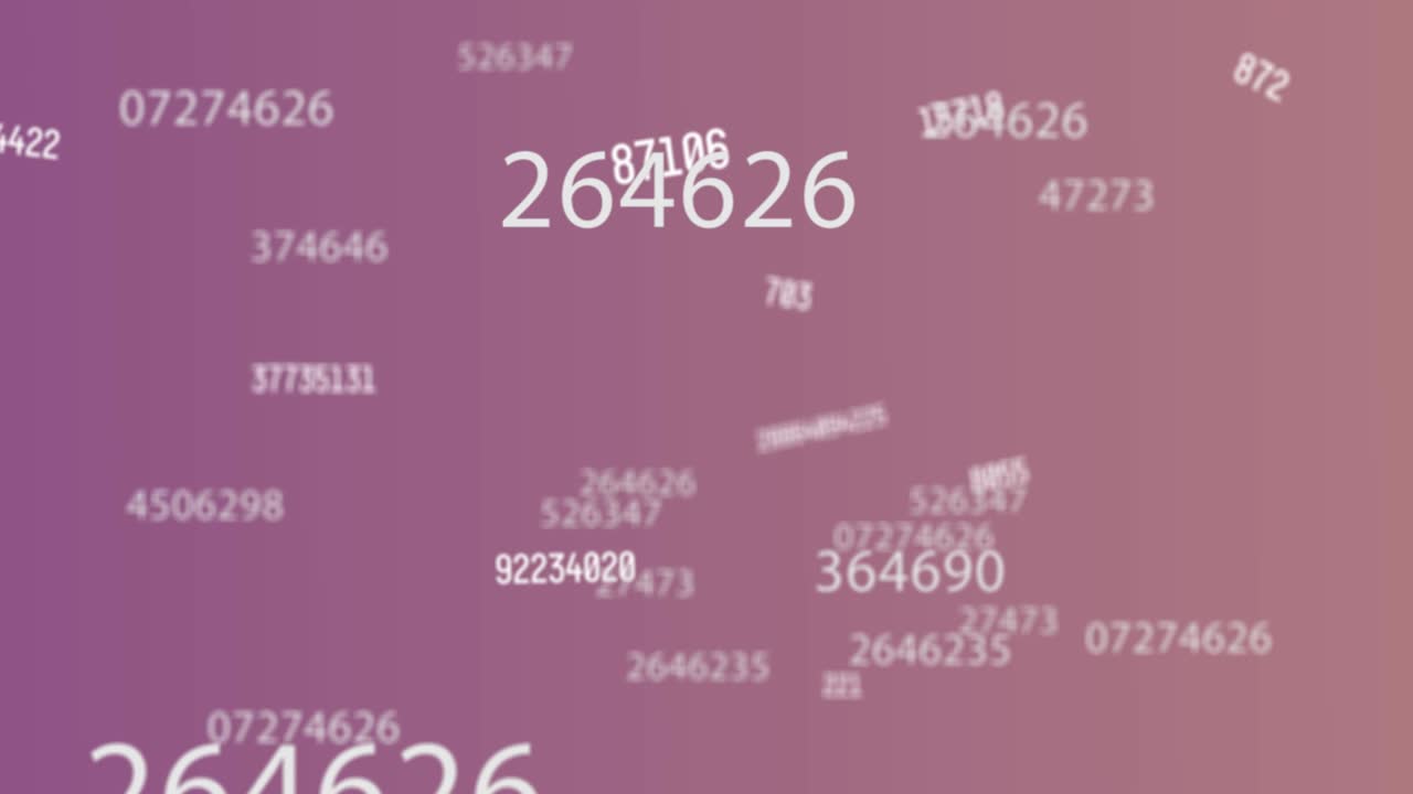 보라색 배경에 떠다니며 움직이는 여러 개의 변하는 숫자의 디지털 애니메이션