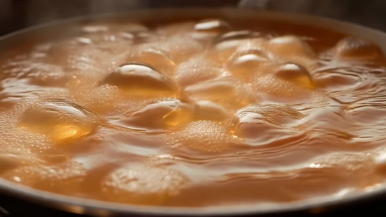 Sciroppo ambrato in ebollizione che forma e dissolve cupole lucide in un tegame poco profondo, alimentato da una fonte di calore