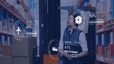 animation of icons and digital data processing over caucasian man working in warehouse
