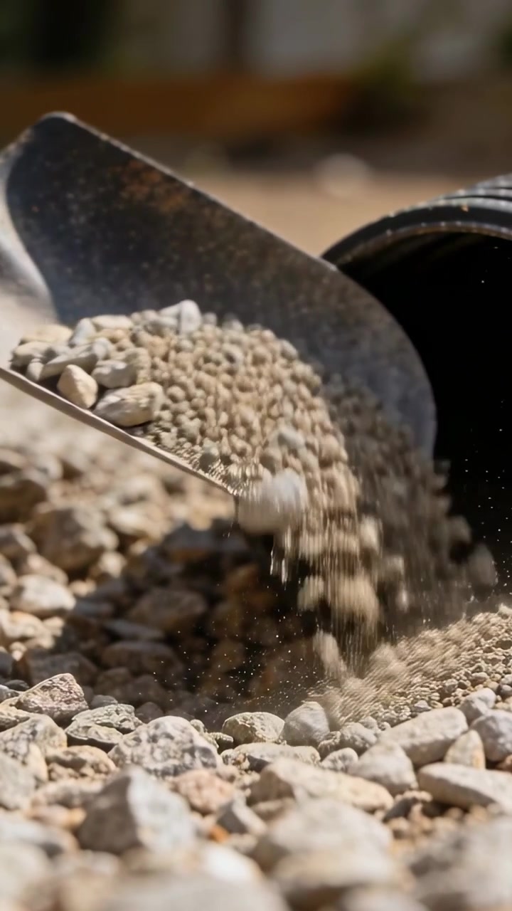 Vertical video: Tipping shovel with right hand, pouring gravel into black pipe for drainage