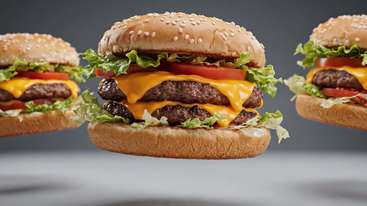 Un Viaggio Delizioso con Tre Succulenti Hamburger a Mezz'Aria, che Mostrano Strati di Ingredienti Freschi, Formaggio Fuso e Panini Perfettamente Tostati per una Delizia Culinaria