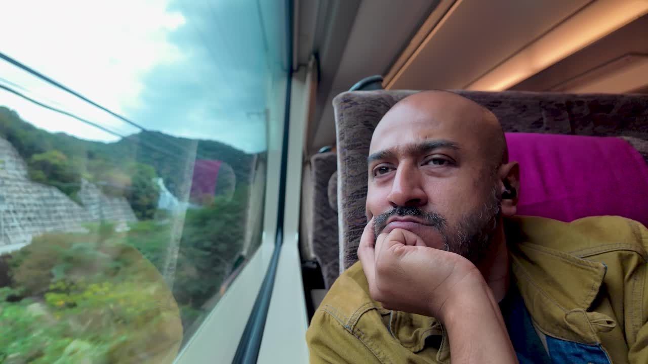 A thoughtful man with earphones gazes out of a train window.