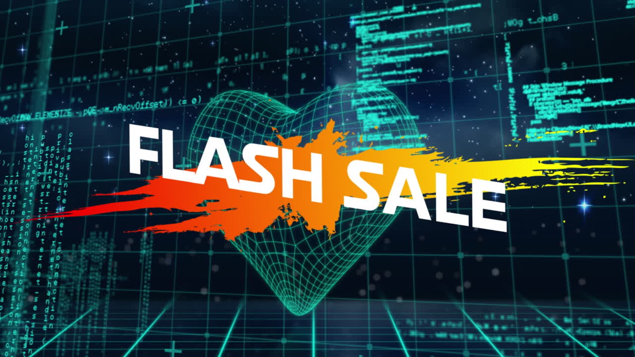 3d 심장 모양과 파란색 배경의 데이터 처리에 대한 추상적인 모양을 가진 플래시 판매 텍스트