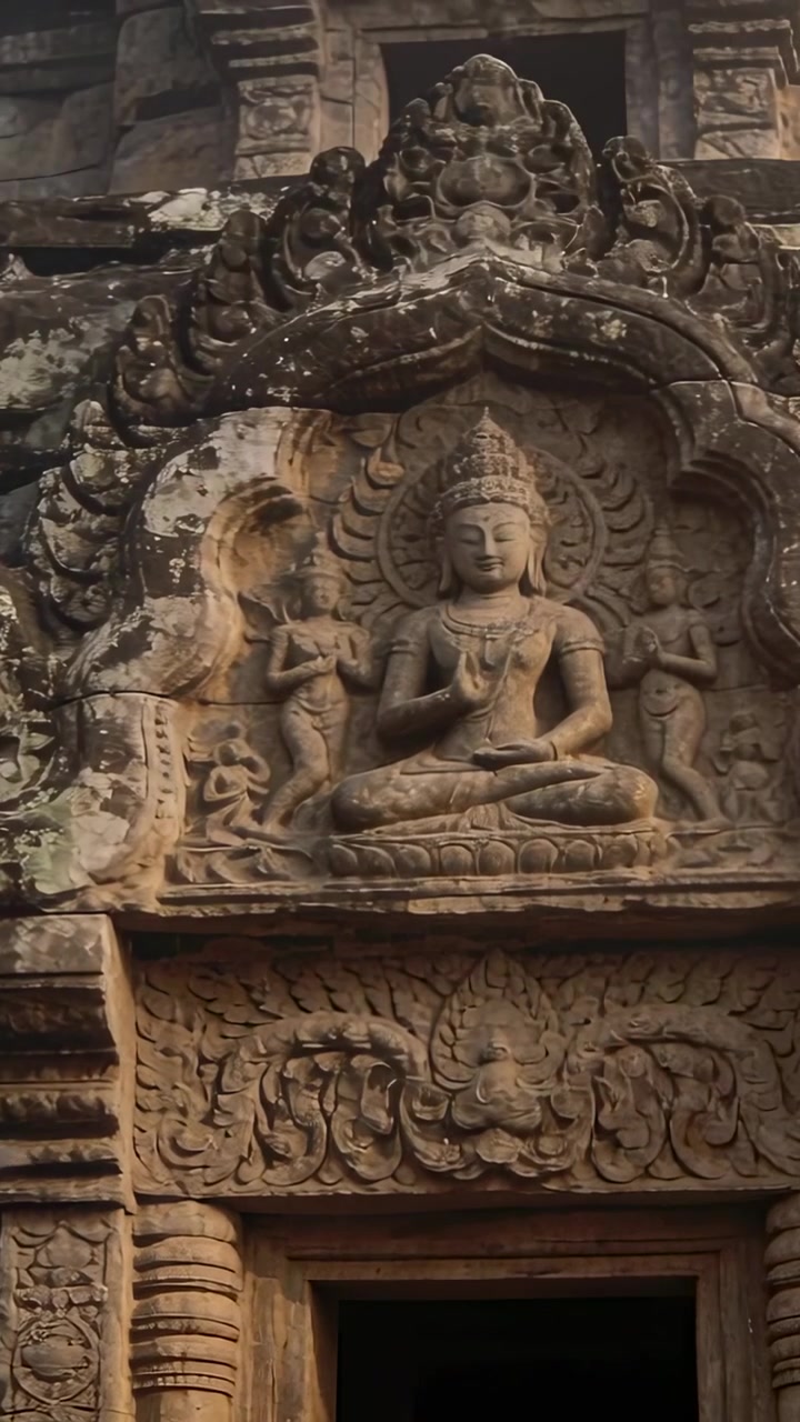Video verticale: Una brezza leggera fa volare i piccioni attraverso la facciata di un tempio, oscurando una divinità seduta