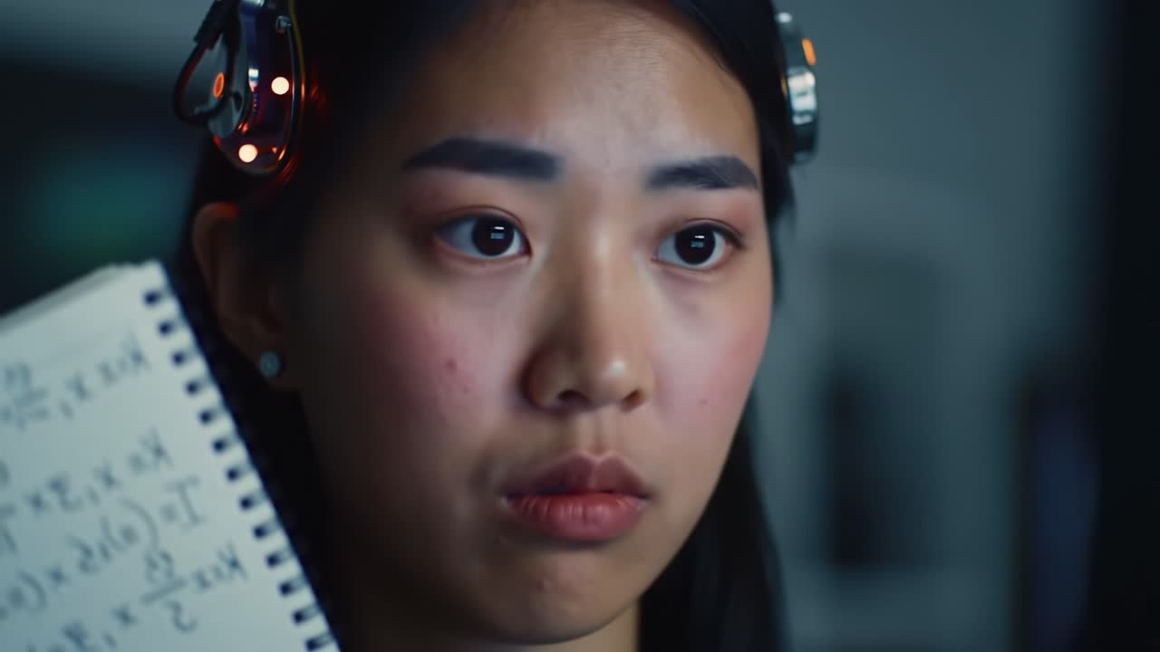 A Thoughtful Young Woman Analyzes Complex Data While Wearing Innovative Headset Lights, Capturing a Moment of Deep Concentration and Reflection