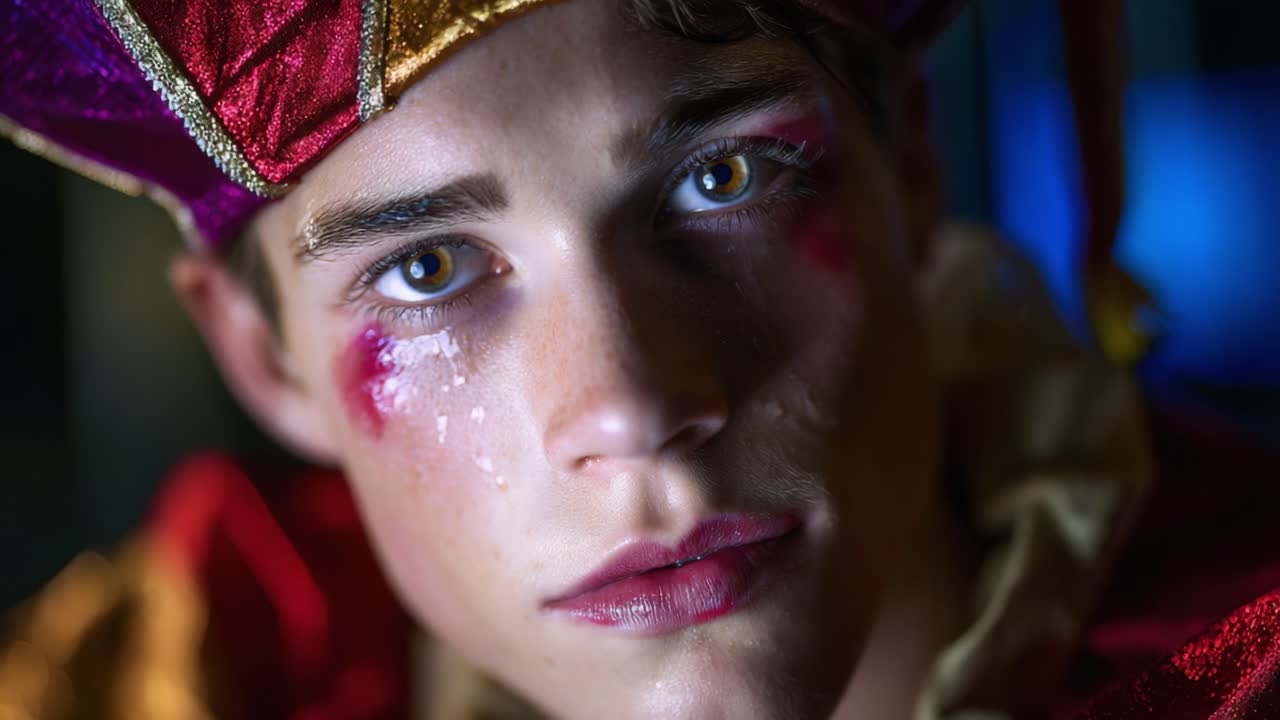 Retrato impactante de un joven artista con un traje tradicional que captura las complejidades de la expresión y la emoción, centrándose en una mirada intensa y un atuendo colorido.