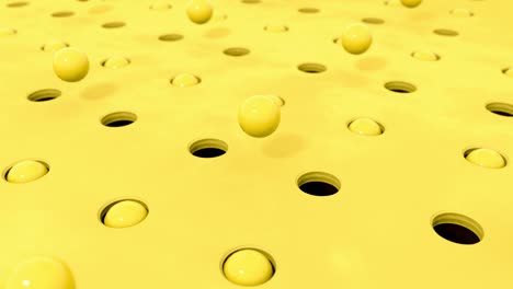 abstract 3d shapes yellow balls flying in holes in different pastel colors. 4k computer rendering loop animation.