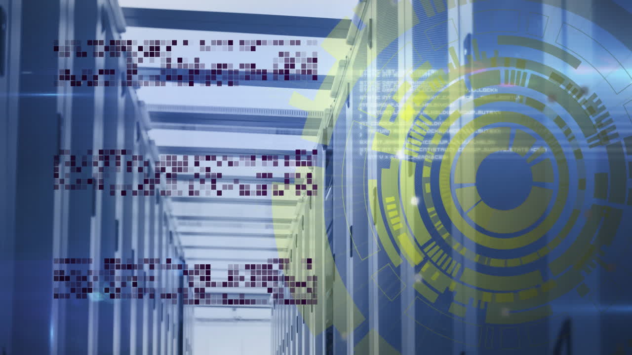 animación del procesamiento de datos y el escaneo de alcance sobre la sala de servidores