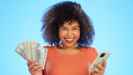 Face-smile,-phone-and-woman-with-dollars-in-studio