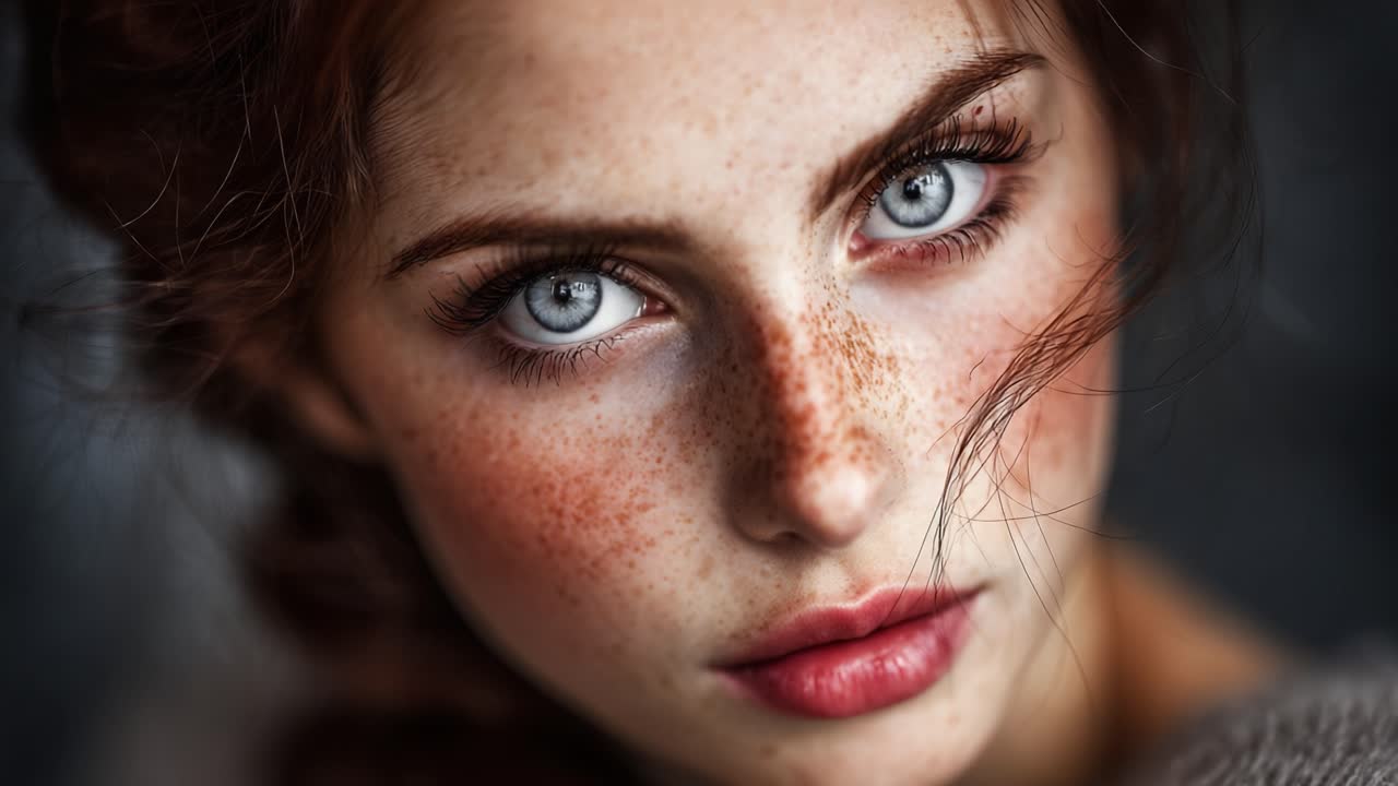 Captivating Portrait of a Young Woman with Striking Blue Eyes, Freckles, and Softly Curled Hair, Emphasizing the Beauty and Detail in Facial Features and Color Tones