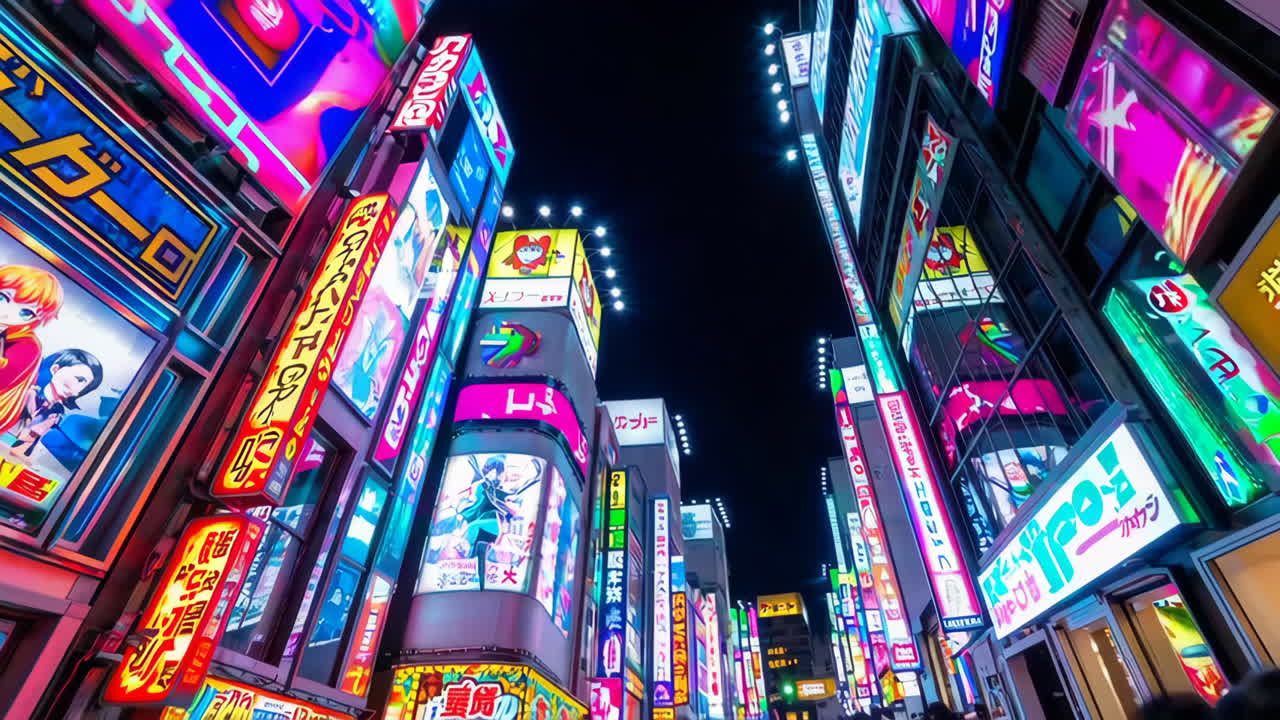 Vibrant Night Scene in Tokyo with Dazzling Neon Signs