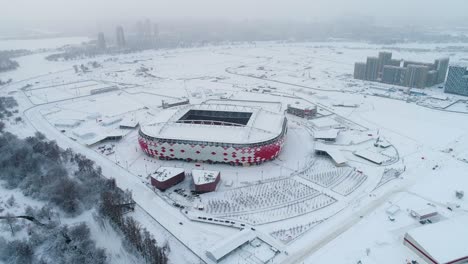 Aerial-view-of-a-freeway-intersection-on-snow-covered-Moscow