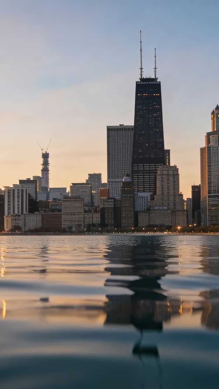 Vertical video: Camera showing design tower twin masts while water shifting and rippling reflection