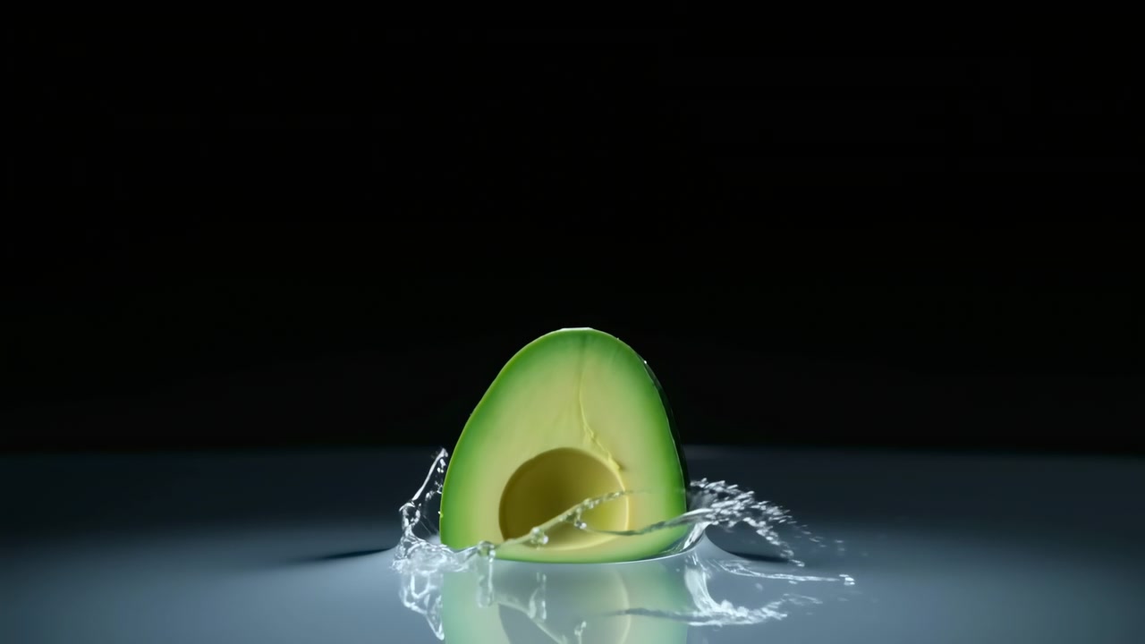 Avocado maturo tagliato a metà colpisce una superficie riflettente poco profonda, creando uno schizzo a corona verso l'alto con goccioline sparse, riflesso specchiato, sfondo scuro e illuminazione da studio nitida attorno alla polpa verde fresca.