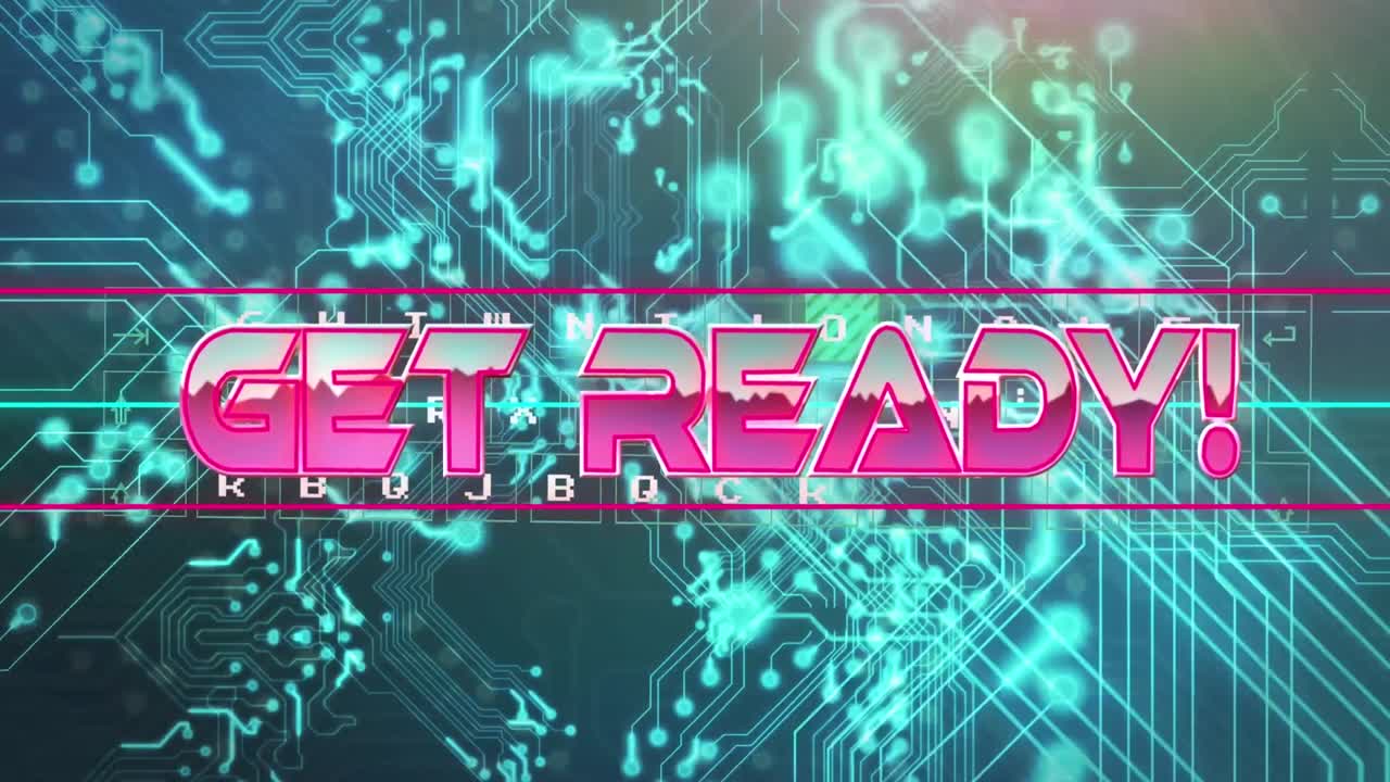 Animation of get ready text over neon lines and computer circuit board