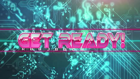 animation of get ready text over neon lines and computer circuit board