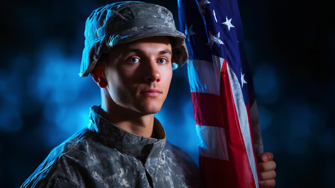 A young soldier stands proudly holding an American flag, embodying the spirit of patriotism and determination. This striking image captures the essence of valor, sacrifice, and national pride in a dramatic blue-hued background