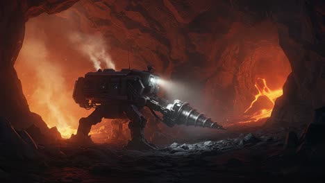 futuristic drilling machine in a volcanic cave: exploring the depths with advanced technology and fiery surroundings