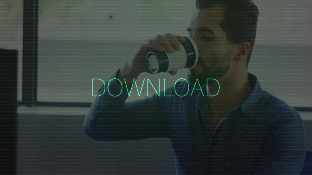 Drinking coffee, man with animation of green DOWNLOAD text overlaying screen