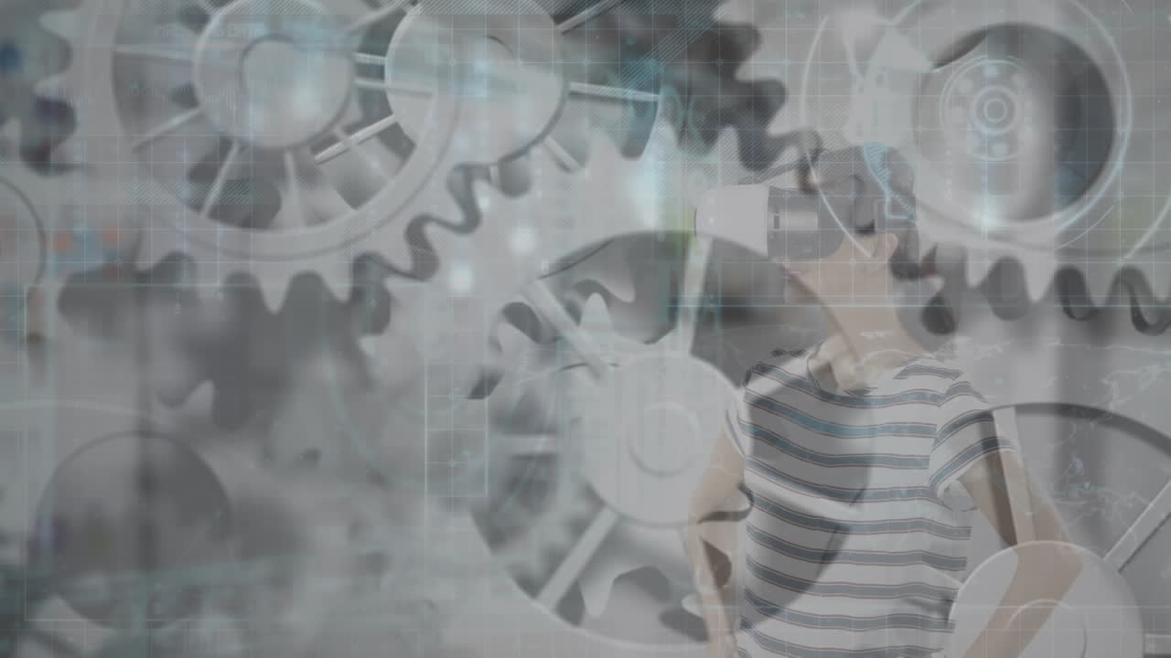 vr 헤드 ⁇ 을 착용한 여자 위에 회전하는  ⁇ 의 애니메이션