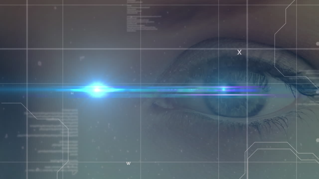 animación del procesamiento de datos con punto y cuadrícula brillantes sobre el ojo de la mujer