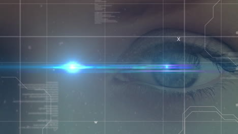 animation of data processing with glowing spot and grid over woman's eye