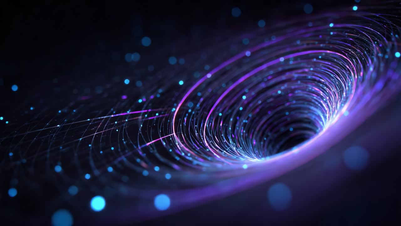 A mesmerizing visualization of a dynamic vortex, spiraling with vibrant purple and blue particles, creating a captivating cosmic effect in a dark space environment