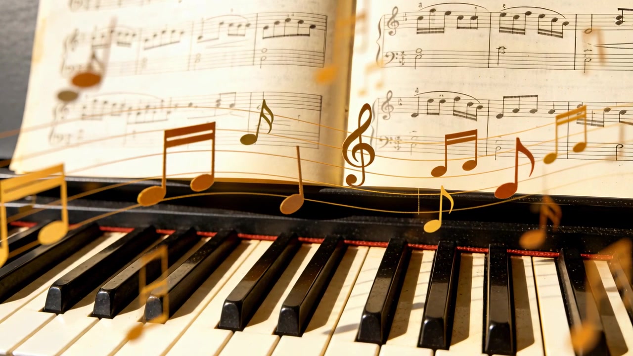Golden notes appearing and drifting across open piano keyboard and sheet music, illustrating melody