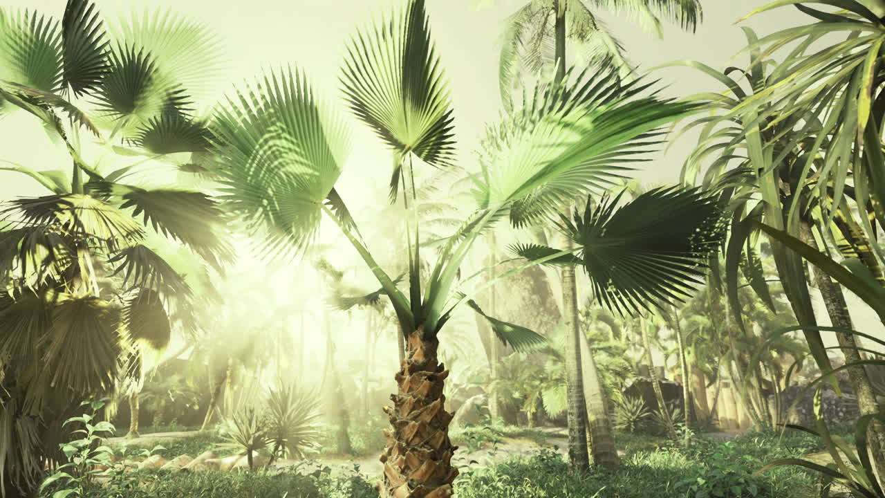 울창한 열대 풍경으로 빛이 높은 나무들을 통해 필터링됩니다.