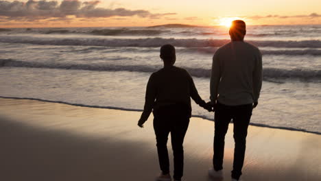 Ocean-sunset,-couple-walking