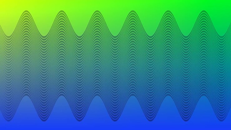 Animation of thin black kinetic parallel wavy lines moving over blue and green background