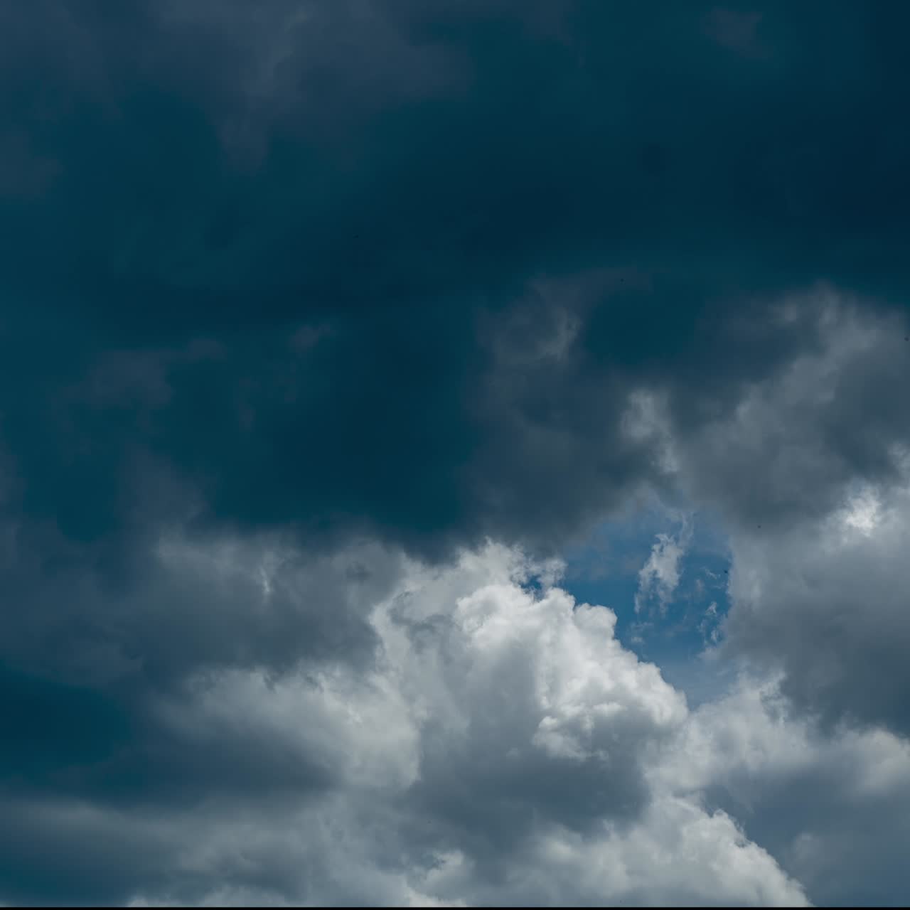 White soft clouds quickly turning into grey ones. Rain cloudscape formation in the blue sky timelapse. View from below
