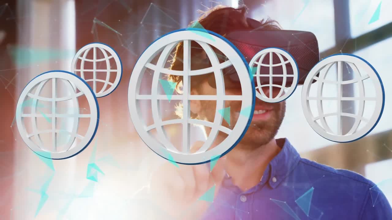 hombre con gafas virtuales y símbolos del globo
