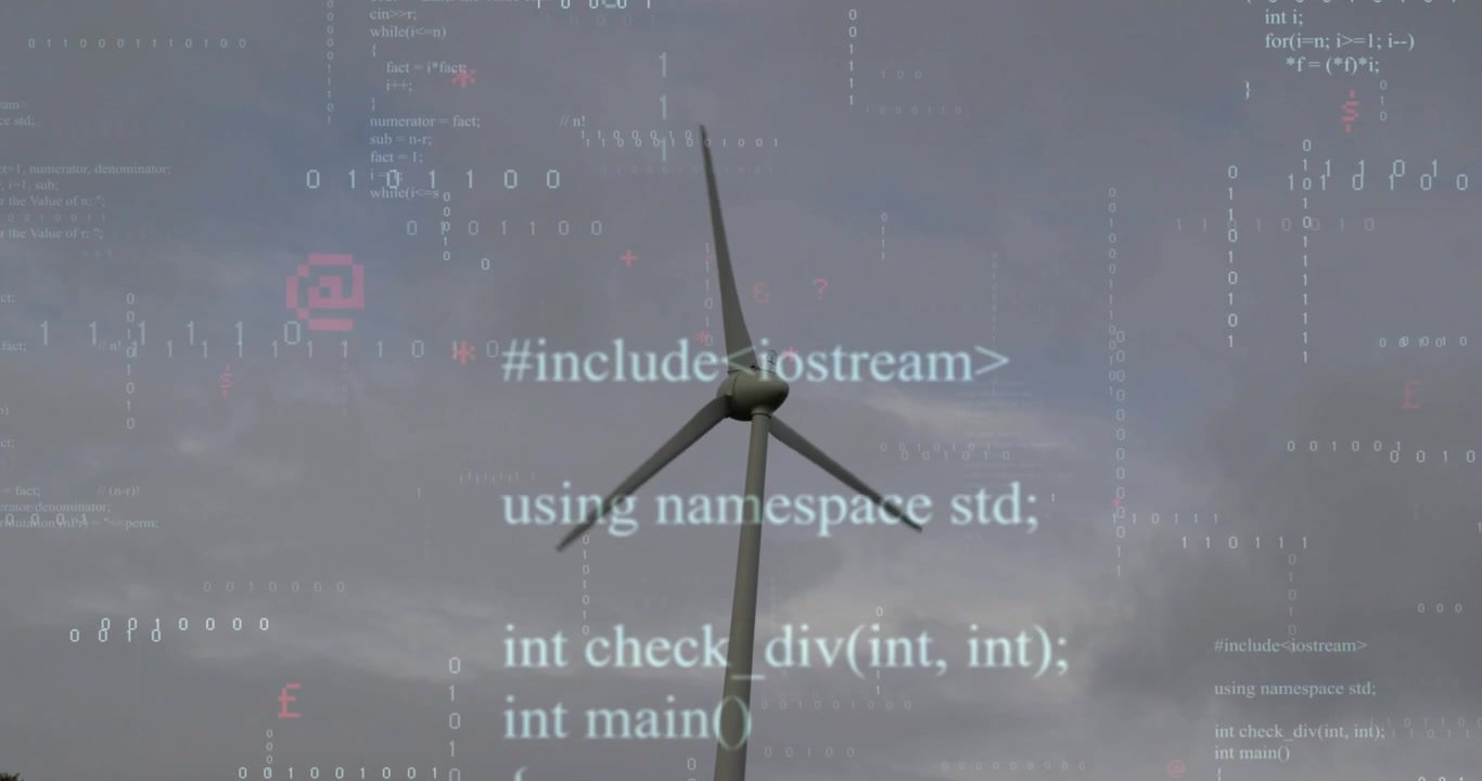 At 5-second binary digits and code snippets appearing around rotating wind turbine displaying data