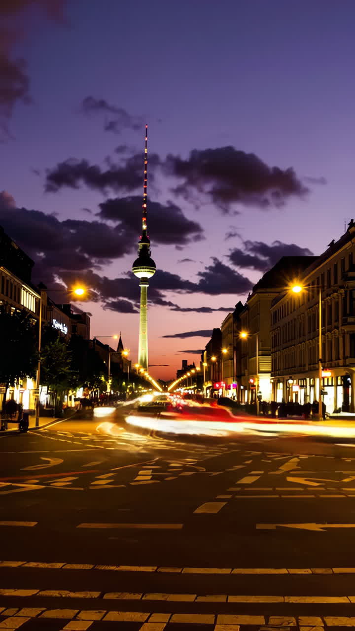 Berlin TV Tower at Night with City Traffic