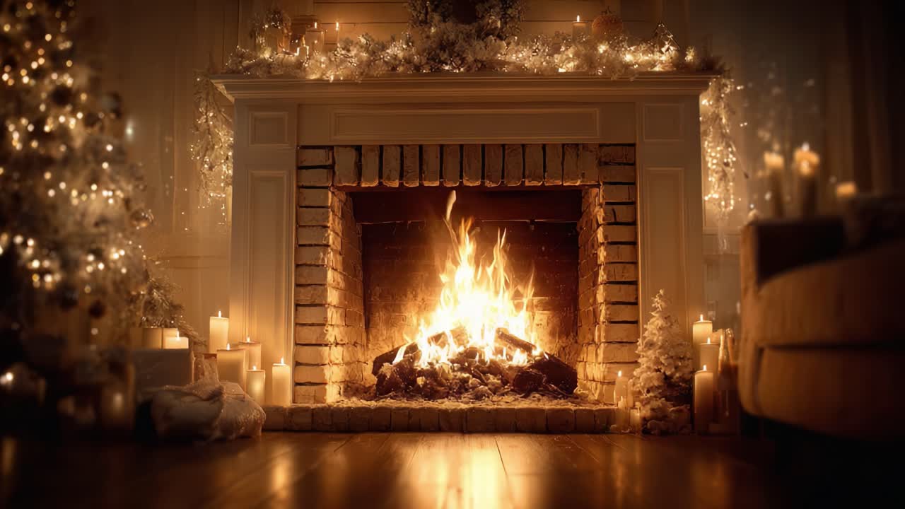 A Cozy Winter Scene Featuring a Glowing Fireplace Surrounded by Flickering Candles and Festive Decorations, Creating a Warm and Inviting Ambiance for the Holiday Season