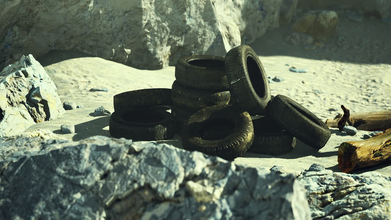 Discarded tires clutter sandy beach under sunlight in serene natural setting