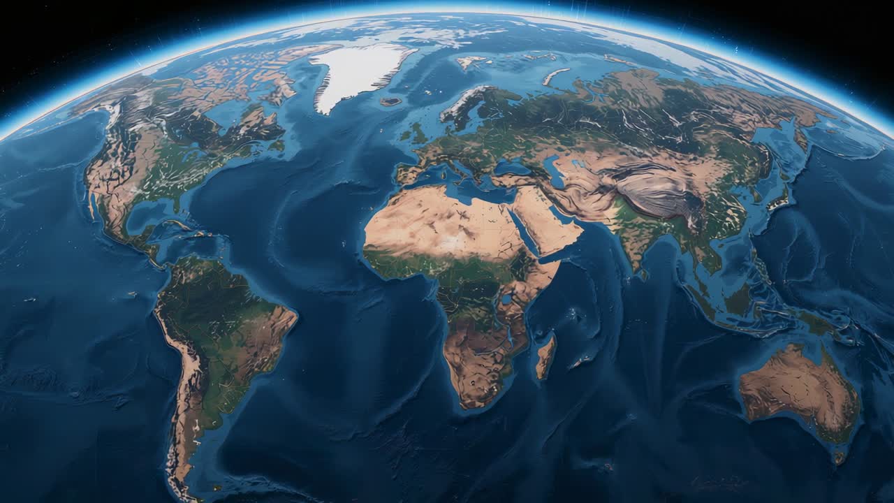 La camera sta avviando l'orbita, la Terra ruota lentamente sull'Africa e l'Europa, rivelando oceani e profili