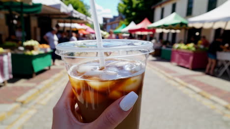 enjoying an iced coffee at a bustling outdoor market on a sunny day