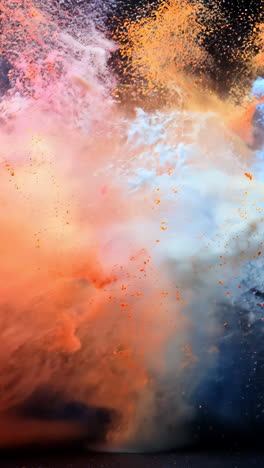 a colorful explosion of smoke and dust in the sky. the colors are vibrant and the smoke is billowing out in all directions. scene is chaotic and energetic, as if something powerful has just occurred