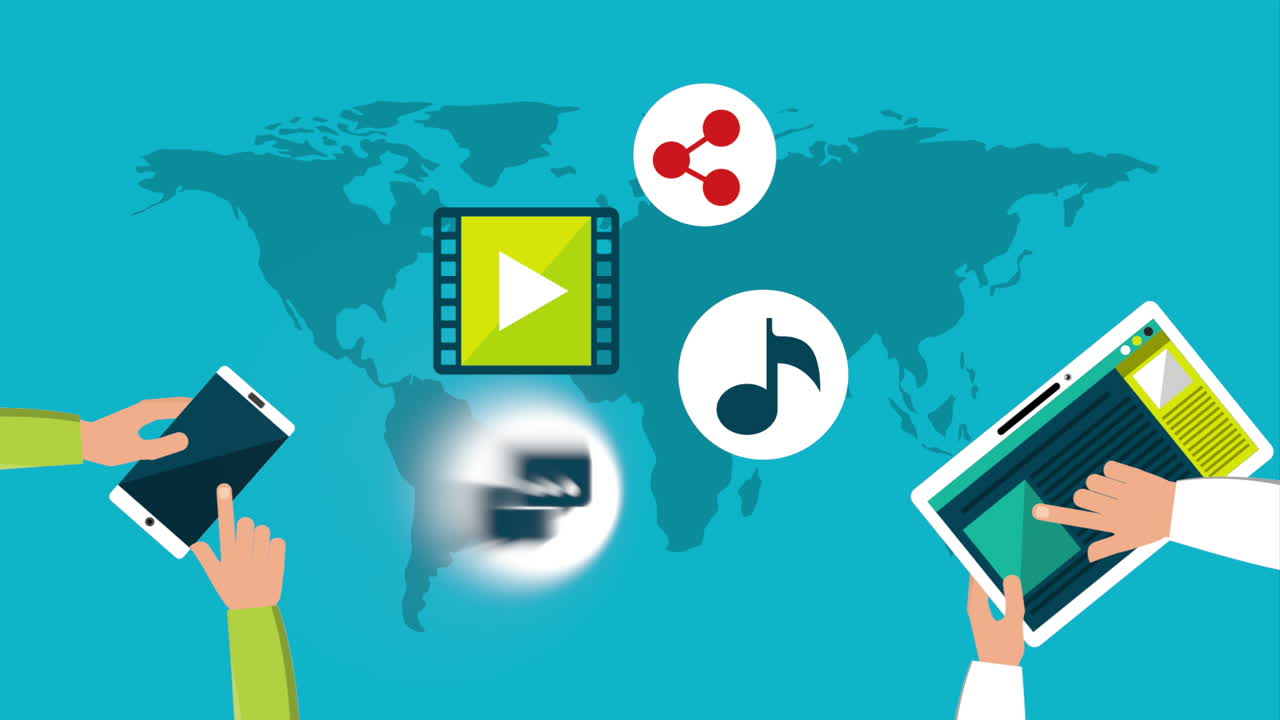 소셜 미디어 기술을 가진 태블릿과 스마트폰을 사용하는 손