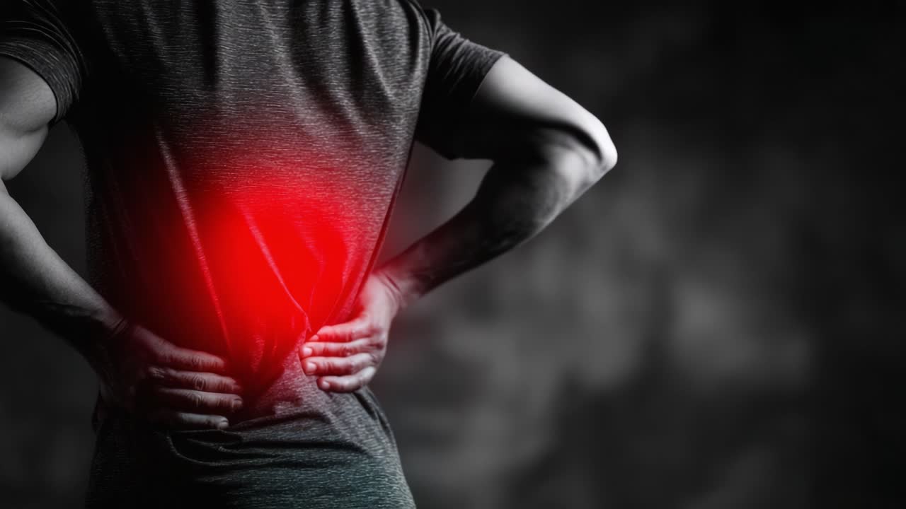A Man Grasping His Lower Back, Experiencing Pain and Discomfort, Portrayed with a Dramatic Red Highlight to Emphasize the Area of Concern in a Black and White Visual