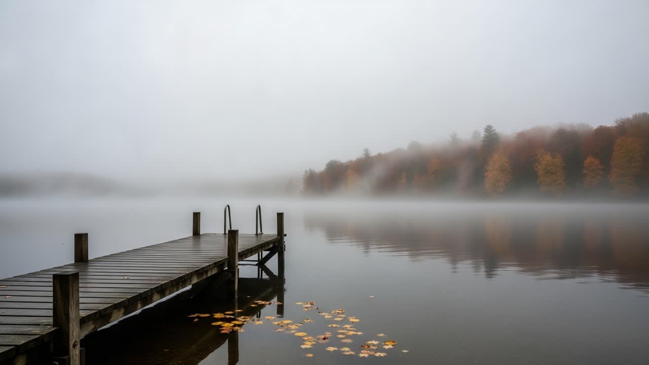 Tranquil Mist Over Still Waters: A Serene Autumn Morning at the Lake with Reflections and Colorful Foliage Framed by Fog
