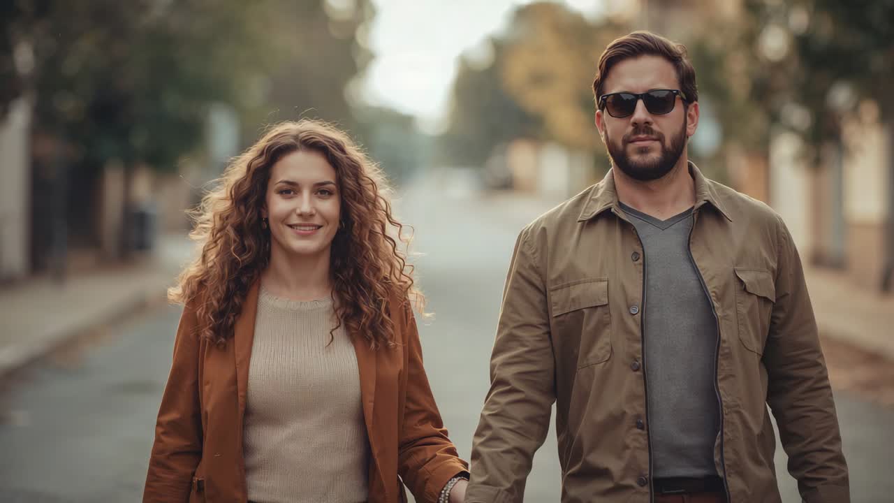 Start couple walking holding hands in tree-lined street, man shades, woman rust coat knit-sweater